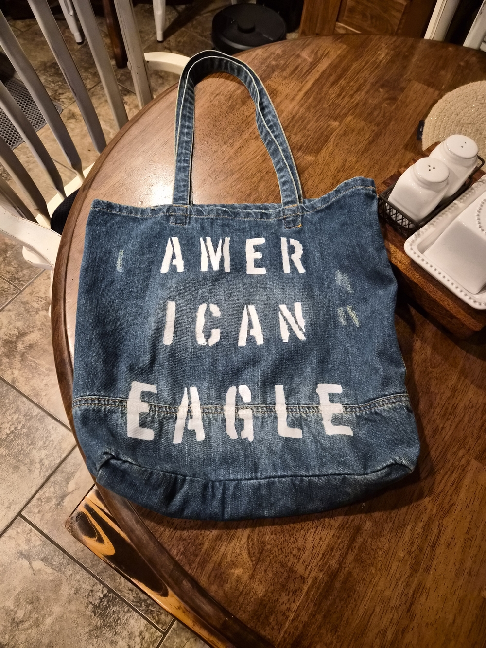 American Eagle Outfitters Denim Blue Tote Bag with White Logo